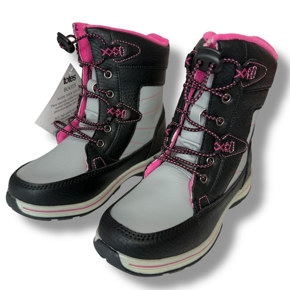 totes Other - NWT Totes Girls Thermolite Beaver Black Pink Winter Snow Boots Size 1 Slip-On